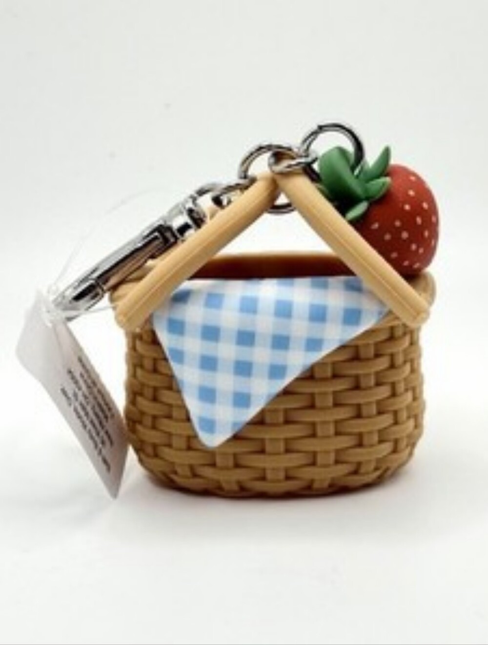 Bath & Body Works Picnic Basket Keychain with Blue Gingham and Red Strawberry